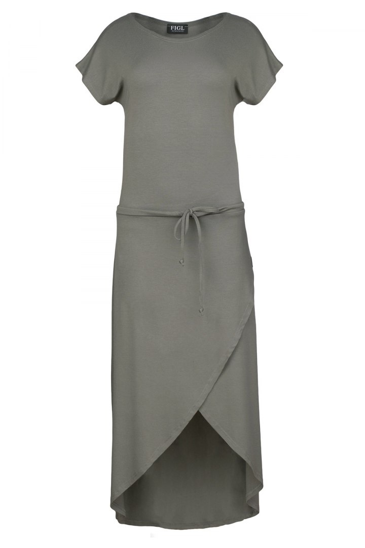 Sukienka asymetryczna midi z wiskozy wiązana w pasie oliwkowa M394