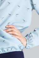 Bluzka damska z nadrukiem długim rękawem i dekoltem V niebieska M371