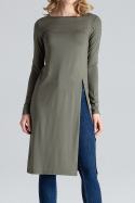 Długa bluzka damska z wiskozy z rozcięciem z boku jasno oliwkowa M389