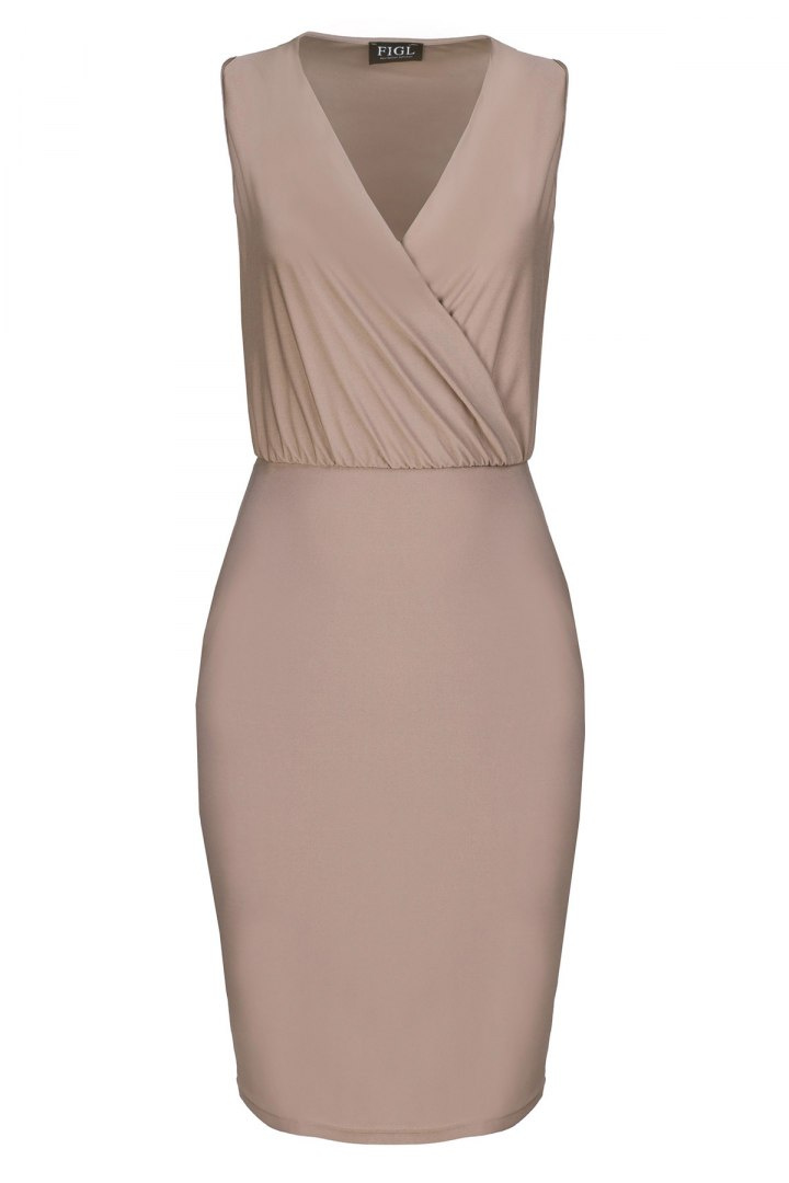 Elegancka sukienka ołówkowa bez rękawów z dekoltem V beżowa M135 Elegancka sukienka ołówkowa bez rękawów z dekoltem V beżowa M135
