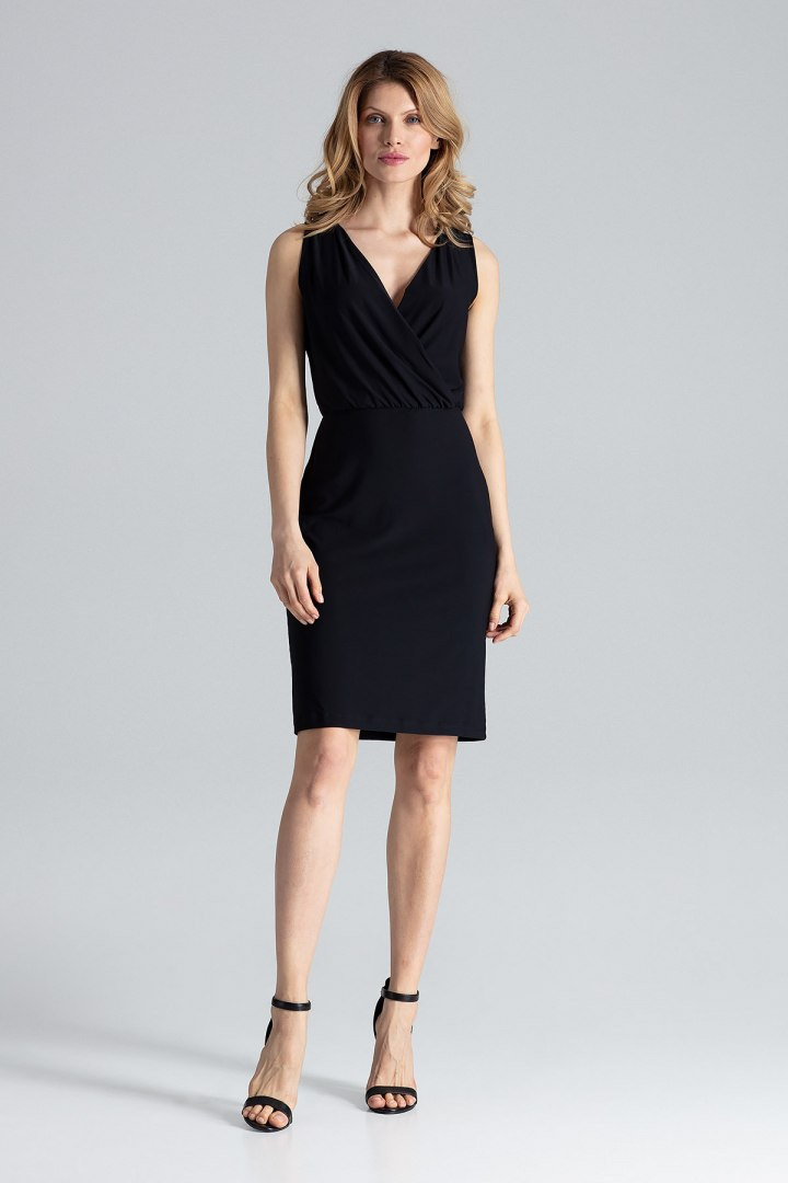 Elegancka sukienka ołówkowa bez rękawów z dekoltem V czarna M135
