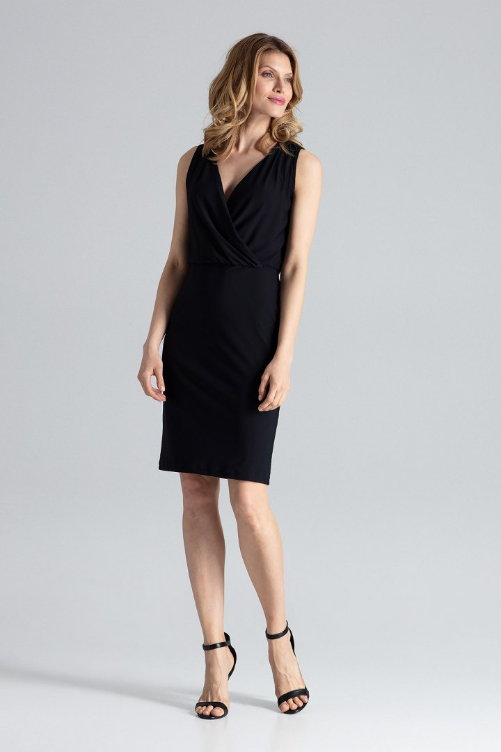 Elegancka sukienka ołówkowa bez rękawów z dekoltem V czarna M135