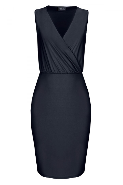 Elegancka sukienka ołówkowa bez rękawów z dekoltem V czarna M135 Elegancka sukienka ołówkowa bez rękawów z dekoltem V czarna M135