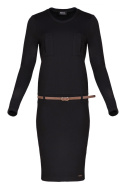 Sukienka midi z wiskozy z długim rękawem i paskiem czarna M414