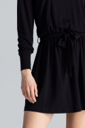 Sukienka mini z wiskozy z wiązaniem i długim rękawem czarna M576