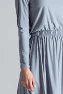 Sukienka maxi prosta z gumką w pasie i długim rękawem szara M604