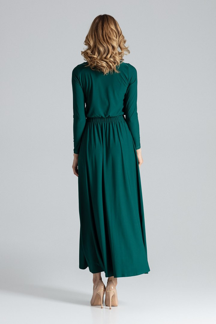Sukienka maxi prosta z gumką w pasie i długim rękawem zielona M604