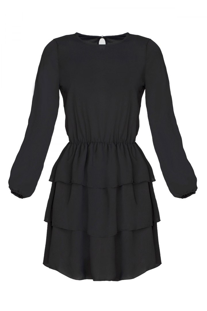Sukienka mini marszczona z falbanami i długim rękawem czarna M601
