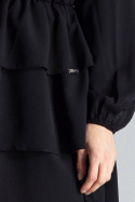 Sukienka mini marszczona z falbanami i długim rękawem czarna M601