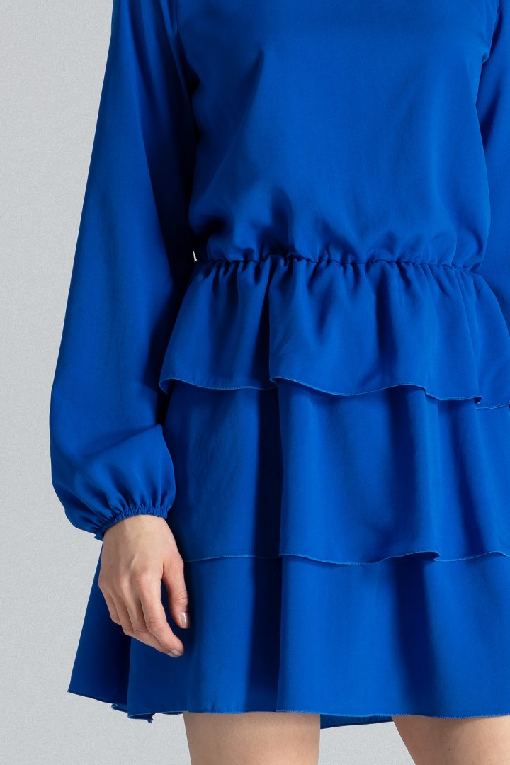 Sukienka mini marszczona z falbanami i długim rękawem niebieska M601