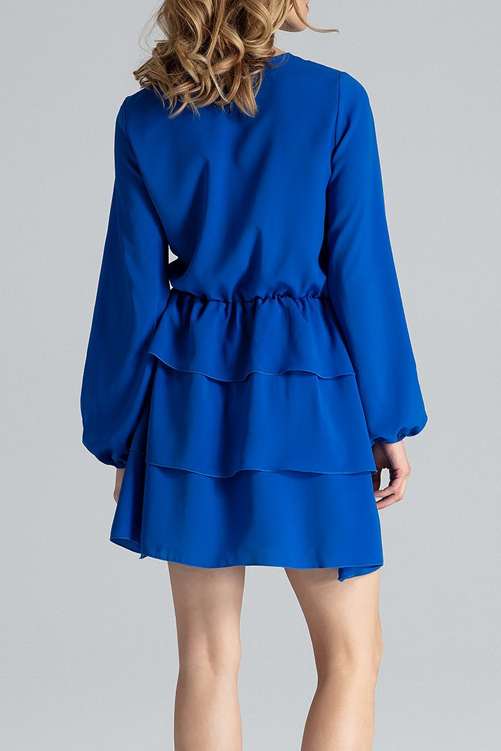 Sukienka mini marszczona z falbanami i długim rękawem niebieska M601