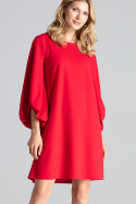 Sukienka trapezowa midi z długim bufiastym rękawem czerwona M693
