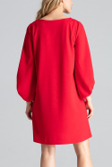 Sukienka trapezowa midi z długim bufiastym rękawem czerwona M693