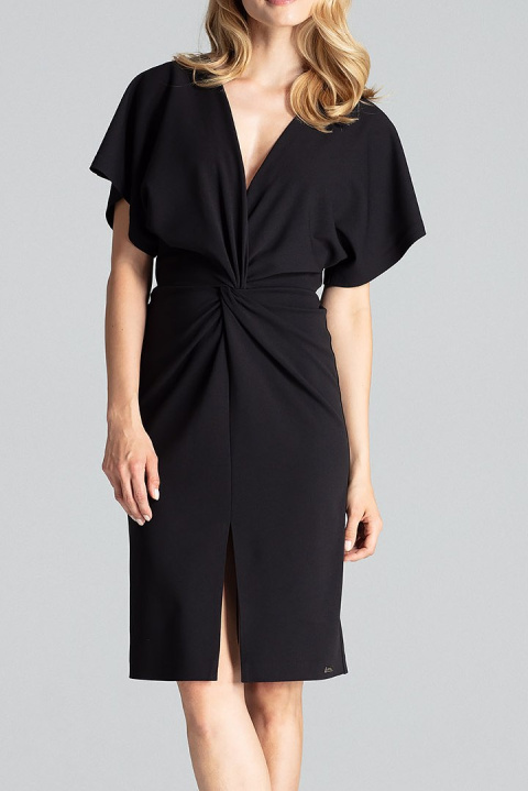 Elegancka sukienka midi z gumką w pasie i krótkim rękawem czarna M687 Elegancka sukienka midi z gumką w pasie i krótkim rękawem czarna M687
