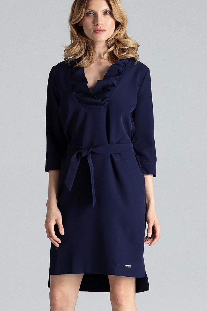 Elegancka sukienka midi wiązana w pasie z rękawem 3/4 granatowa M644 Elegancka sukienka midi wiązana w pasie z rękawem 3/4 granatowa M644