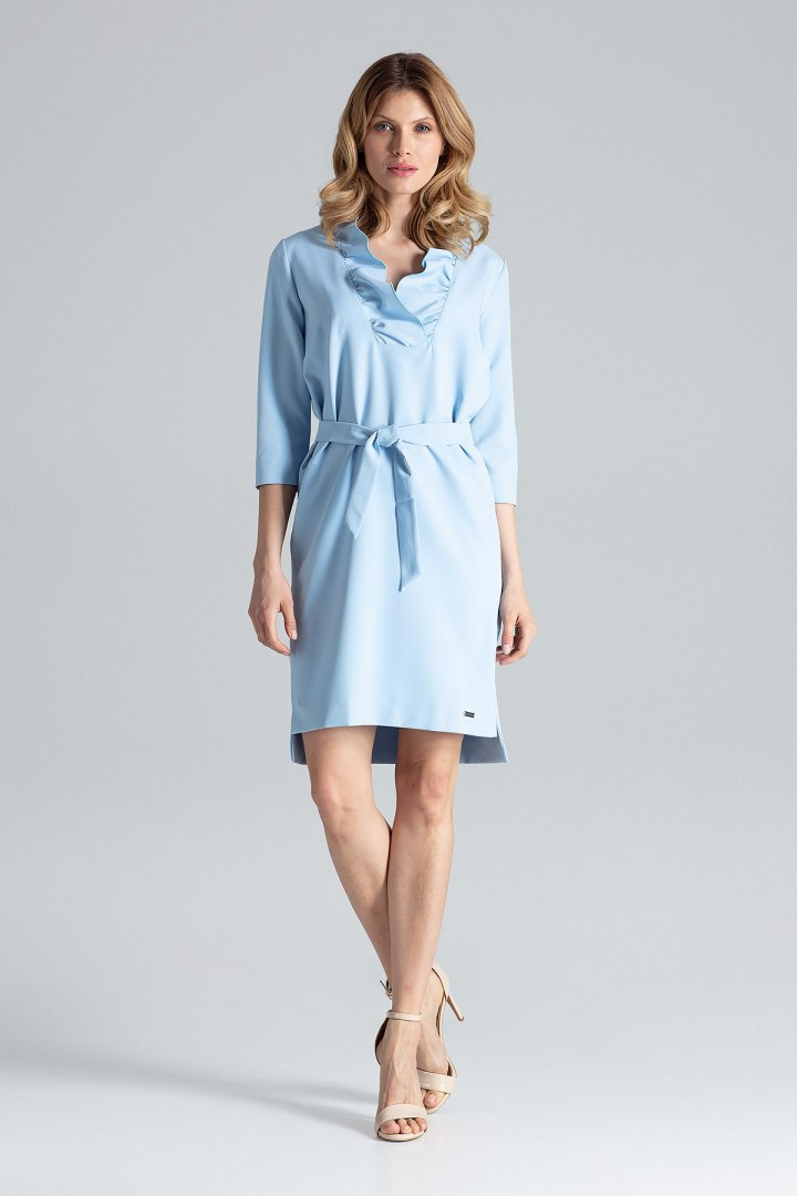 Elegancka sukienka midi wiązana w pasie z rękawem 3/4 niebieska M644 Elegancka sukienka midi wiązana w pasie z rękawem 3/4 niebieska M644