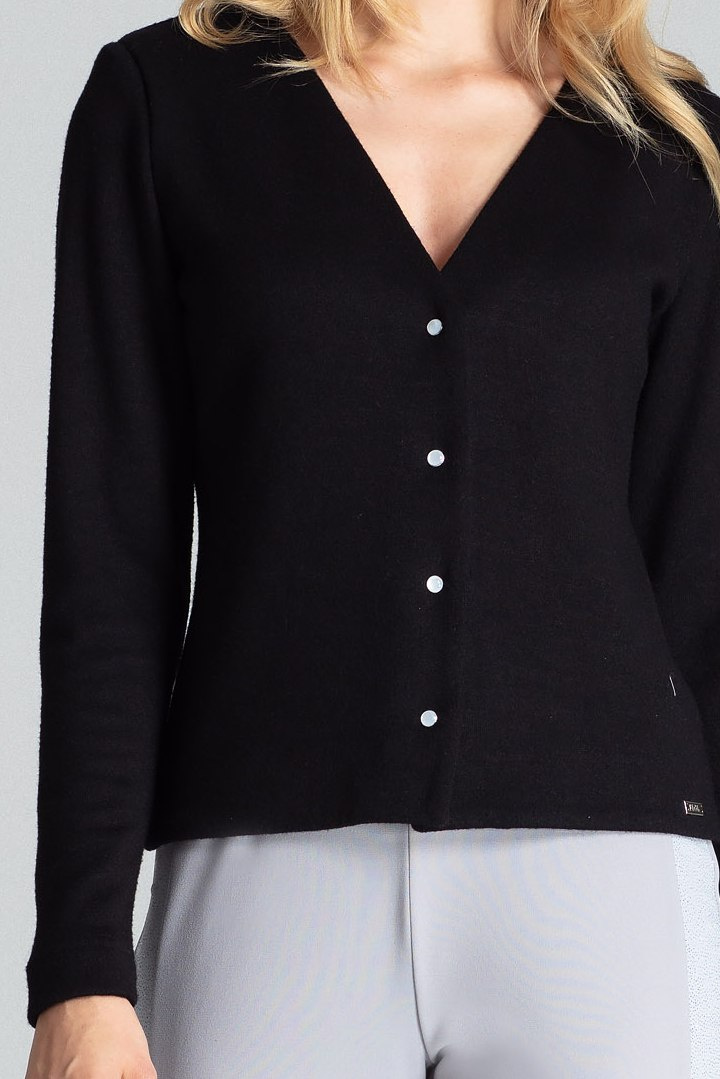 Sweter damski z wiskozy rozpinany z dekoltem w serek czarny M683 Sweter damski z wiskozy rozpinany z dekoltem w serek czarny M683
