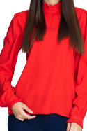 Elegancka bluzka damska gładka z długim rękawem i stójką czerwona M595