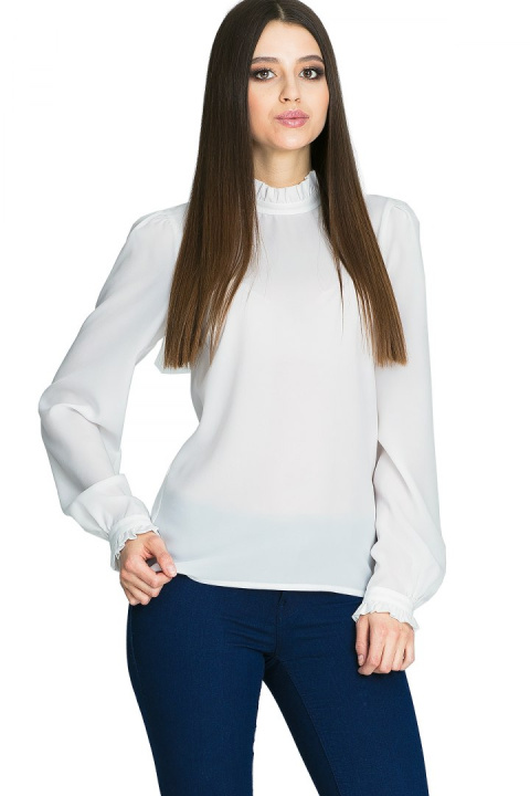 Elegancka bluzka damska gładka z długim rękawem i stójką ecru M595 Elegancka bluzka damska gładka z długim rękawem i stójką ecru M595