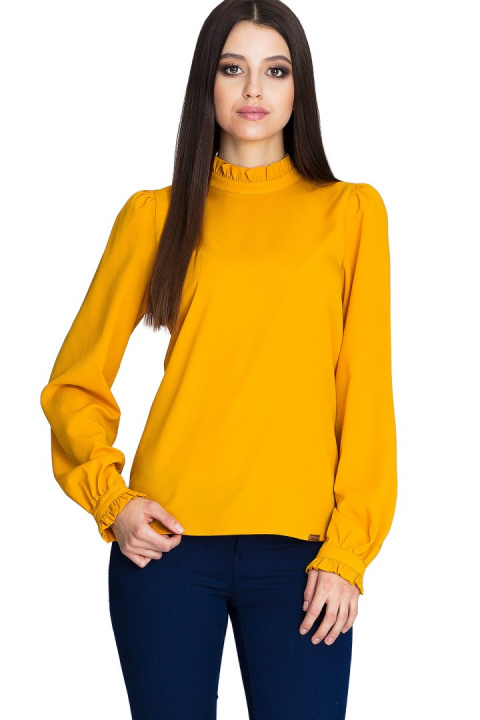 Elegancka bluzka damska gładka z długim rękawem i stójką musztardowa M595 Elegancka bluzka damska gładka z długim rękawem i stójką musztardowa M595