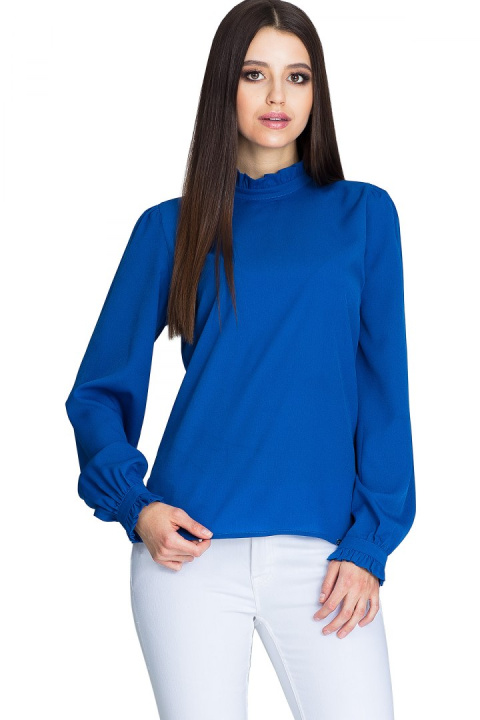 Elegancka bluzka damska gładka z długim rękawem i stójką niebieska M595