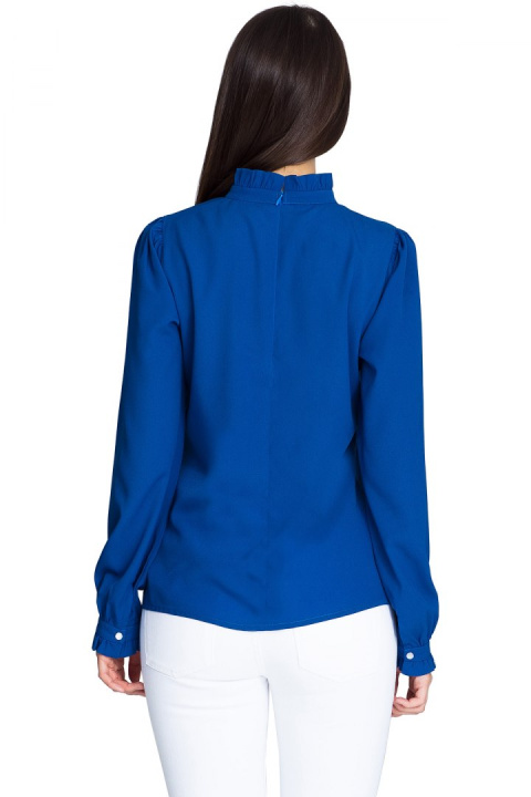 Elegancka bluzka damska gładka z długim rękawem i stójką niebieska M595 Elegancka bluzka damska gładka z długim rękawem i stójką niebieska M595