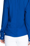 Elegancka bluzka damska gładka z długim rękawem i stójką niebieska M595