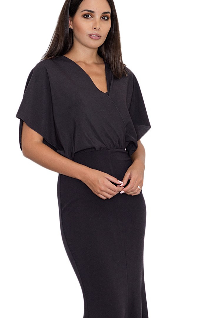 Elegancka sukienka maxi dopasowana z krótkim rękawem czarna M577 Elegancka sukienka maxi dopasowana z krótkim rękawem czarna M577
