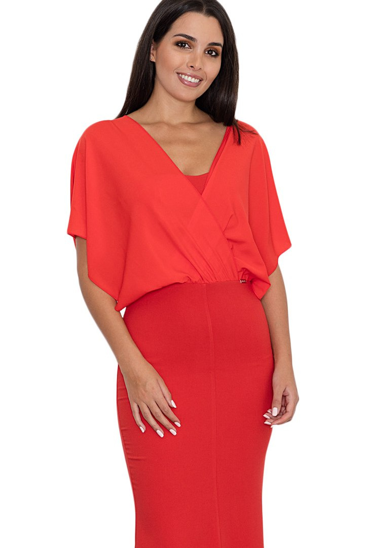 Elegancka sukienka maxi dopasowana z krótkim rękawem czerwona M577 Elegancka sukienka maxi dopasowana z krótkim rękawem czerwona M577