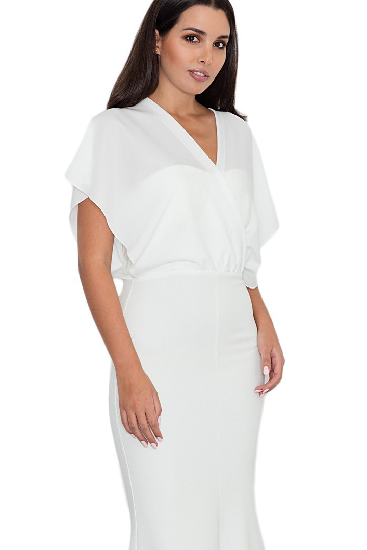 Elegancka sukienka maxi dopasowana z krótkim rękawem ecru M577 Elegancka sukienka maxi dopasowana z krótkim rękawem ecru M577
