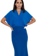 Elegancka sukienka maxi dopasowana z krótkim rękawem niebieska M577