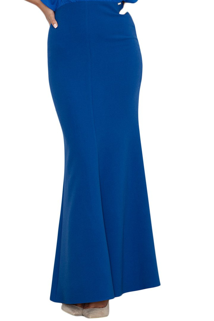 Elegancka sukienka maxi dopasowana z krótkim rękawem niebieska M577