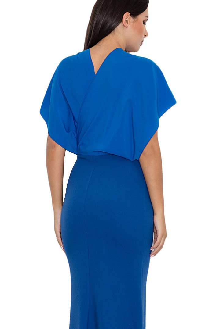 Elegancka sukienka maxi dopasowana z krótkim rękawem niebieska M577 Elegancka sukienka maxi dopasowana z krótkim rękawem niebieska M577