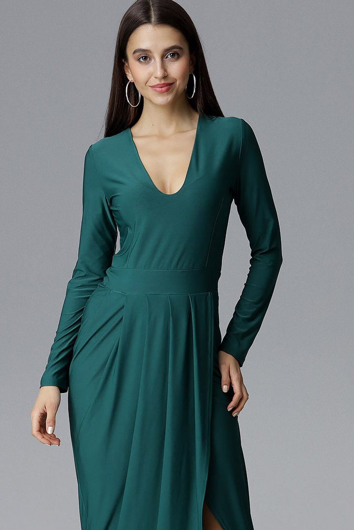 Elegancka sukienka maxi z długim rękawem i dekoltem V zielona M636 Elegancka sukienka maxi z długim rękawem i dekoltem V zielona M636
