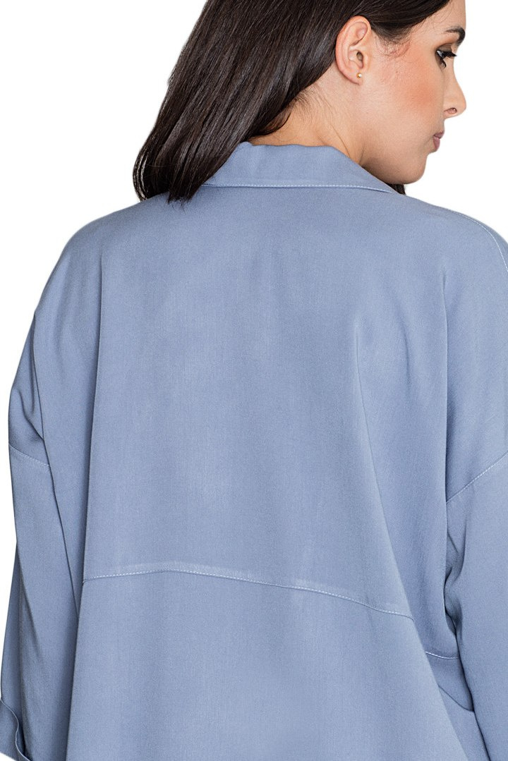 Luźna koszula damska oversize z wiskozy z rękawem 3/4 niebieska M583 Luźna koszula damska oversize z wiskozy z rękawem 3/4 niebieska M583
