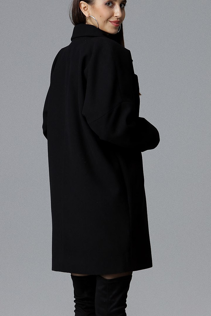 Luźny płaszcz damski dwurzędowy z kimonowymi rękawami czarny M625