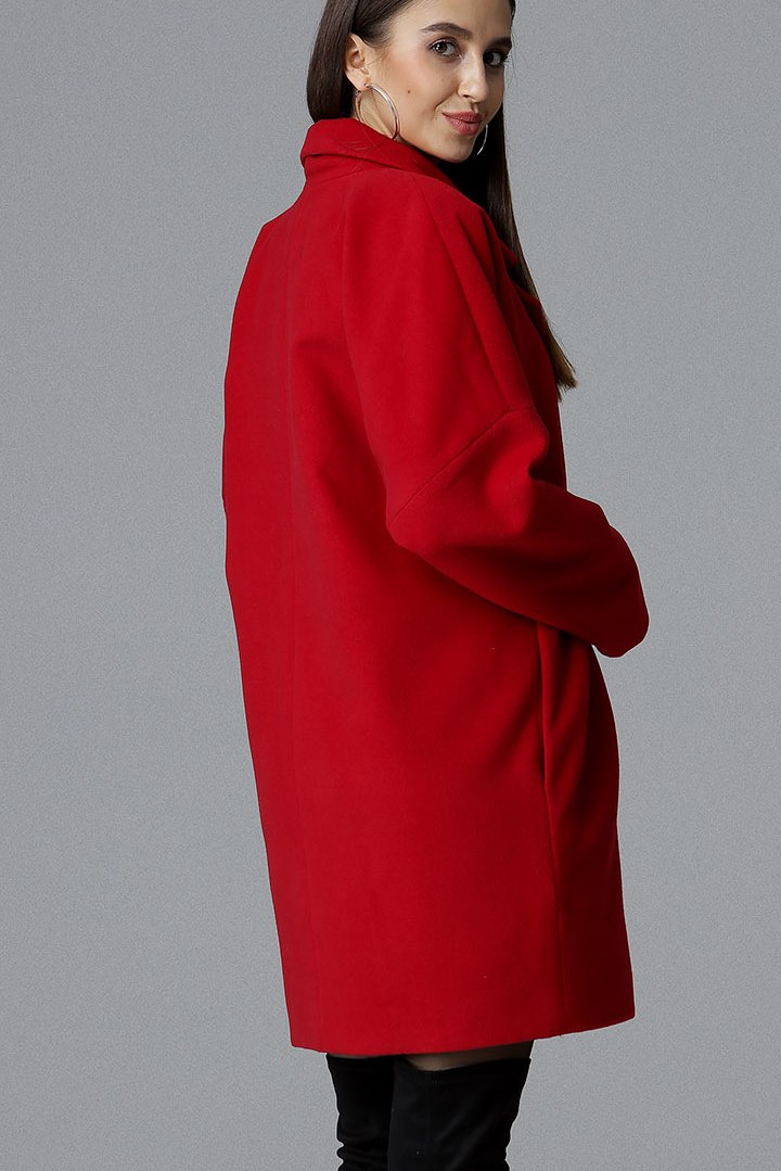 Luźny płaszcz damski dwurzędowy z kimonowymi rękawami czerwony M625