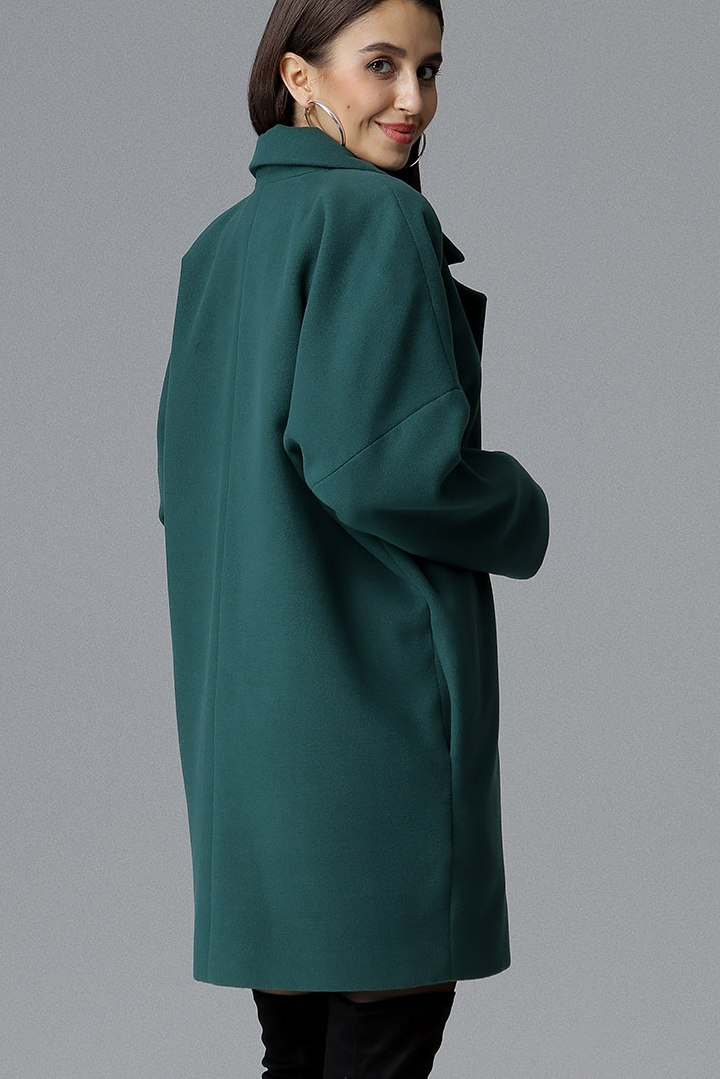 Luźny płaszcz damski dwurzędowy z kimonowymi rękawami zielony M625