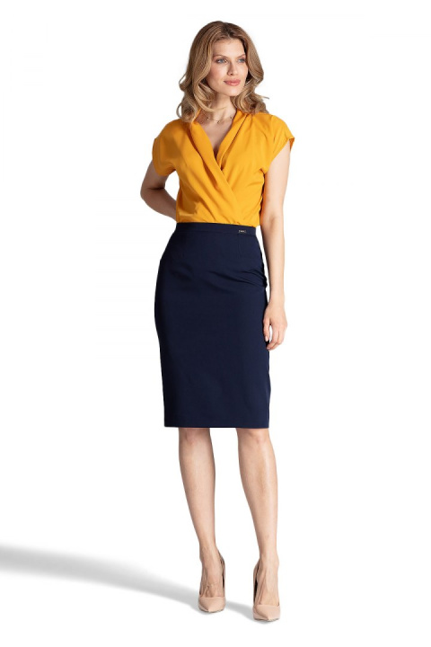 Elegancka spódnica ołówkowa midi z wiskozą bez kieszeni granatowa M658 Elegancka spódnica ołówkowa midi z wiskozą bez kieszeni granatowa M658
