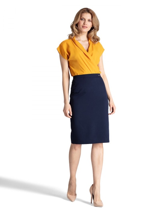 Elegancka spódnica ołówkowa midi z wiskozą bez kieszeni granatowa M658 Elegancka spódnica ołówkowa midi z wiskozą bez kieszeni granatowa M658