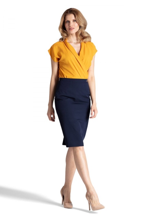 Elegancka spódnica ołówkowa midi z wiskozą bez kieszeni granatowa M658 Elegancka spódnica ołówkowa midi z wiskozą bez kieszeni granatowa M658