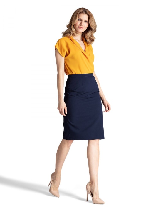 Elegancka spódnica ołówkowa midi z wiskozą bez kieszeni granatowa M658 Elegancka spódnica ołówkowa midi z wiskozą bez kieszeni granatowa M658