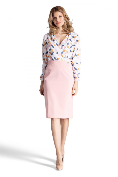 Elegancka spódnica ołówkowa midi z wiskozą bez kieszeni różowa M658 Elegancka spódnica ołówkowa midi z wiskozą bez kieszeni różowa M658
