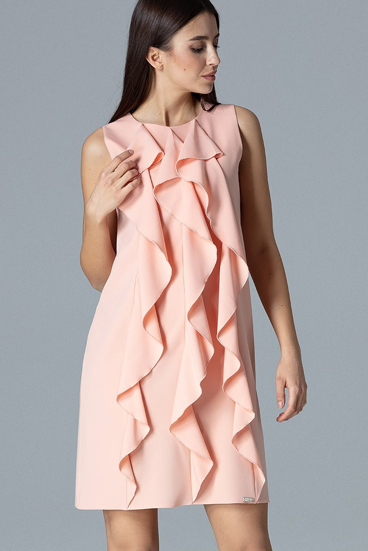 Sukienka trapezowa mini bez rękawów z falbankami różowa M622