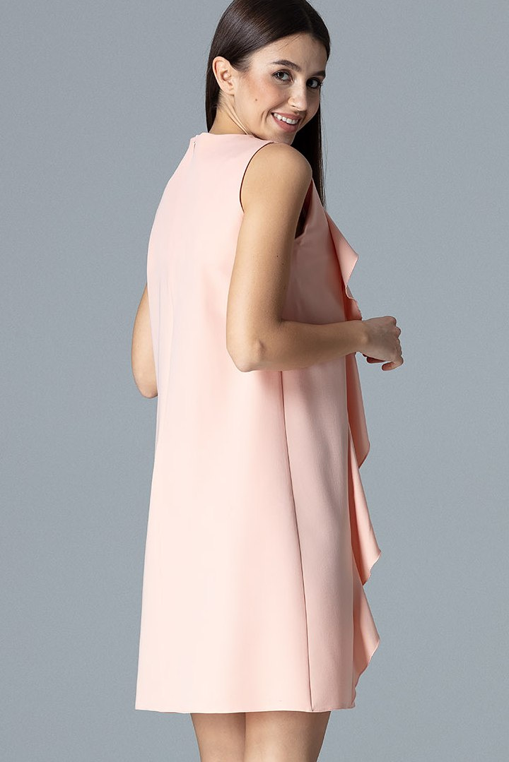 Sukienka trapezowa mini bez rękawów z falbankami różowa M622