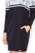 Sukienka mini dwukolorowa z długim rękawem czarna-kwiaty M510