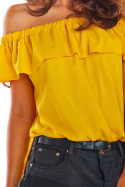 Bluzka damska z wiskozy z odkrytymi ramionami trapezowa żółta A288