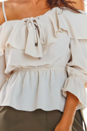 Letnia bluzka damska hiszpanka na ramiączkach z wiązaniem beżowa A309