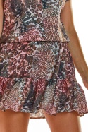 Zwiewna letnia sukienka mini z falbaną i gumką w pasie brązowa A283