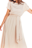Sukienka midi z wiskozy z krótkim rękawem i wiązaniem beżowa A296